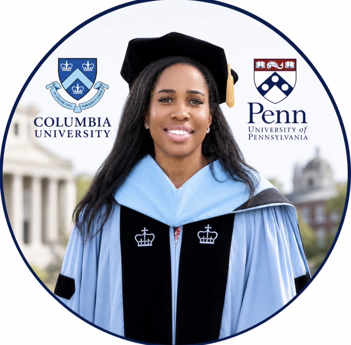 Dr. Erin Jacques in Columbia and Penn academic regalia