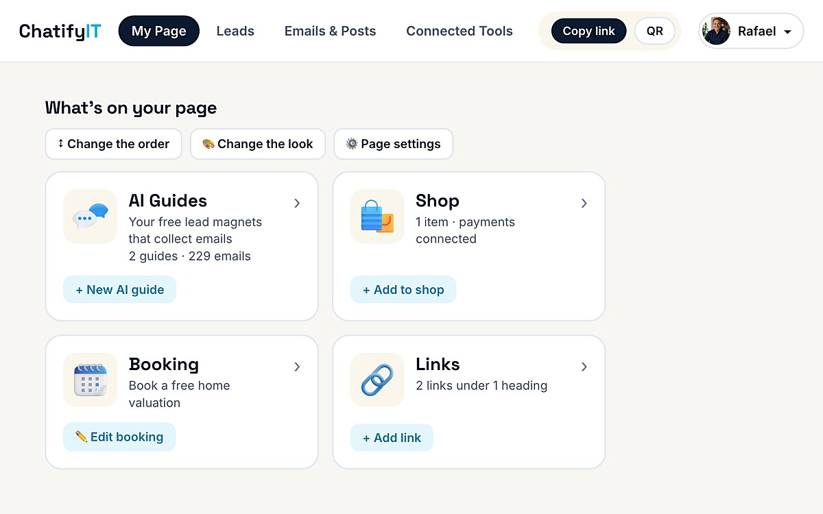 The ChatifyIT dashboard: AI guides, shop, booking, and links as four simple cards